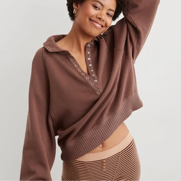 NWT Aerie Quarter Snap Sweatshirt Brown XXL - Picture 6 of 8